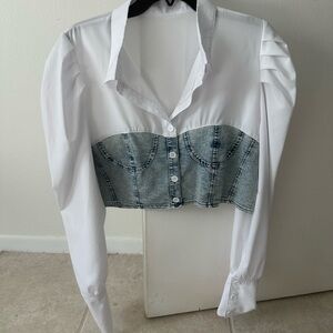 Chic White and Denim Women's Blouse